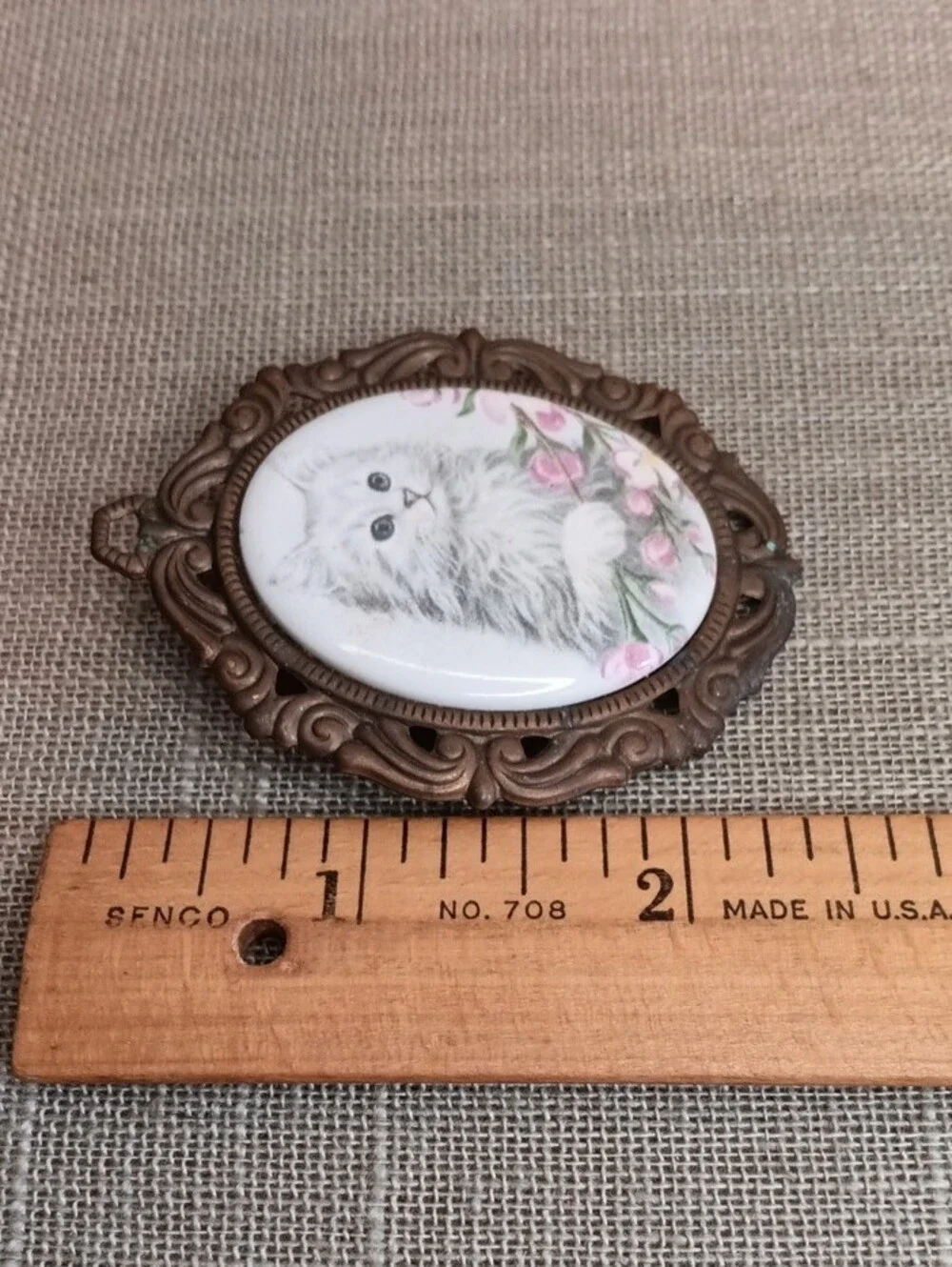 Hand Crafted Bronze-Tone Cat Cameo Brooch with Pink Floral Accents